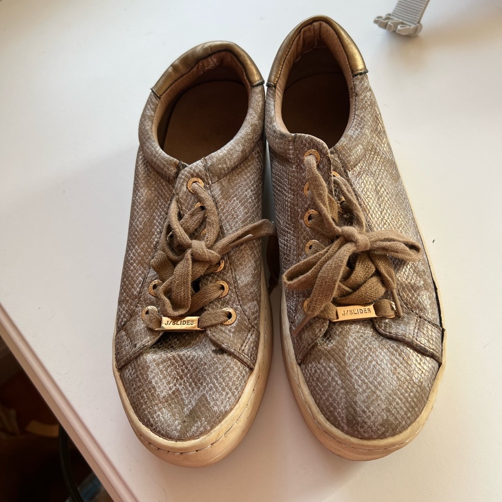 J Slides metallic gold lace up low tops